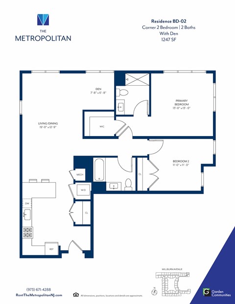 Floor plan for 2 beds, 2 baths, 1247 sqft